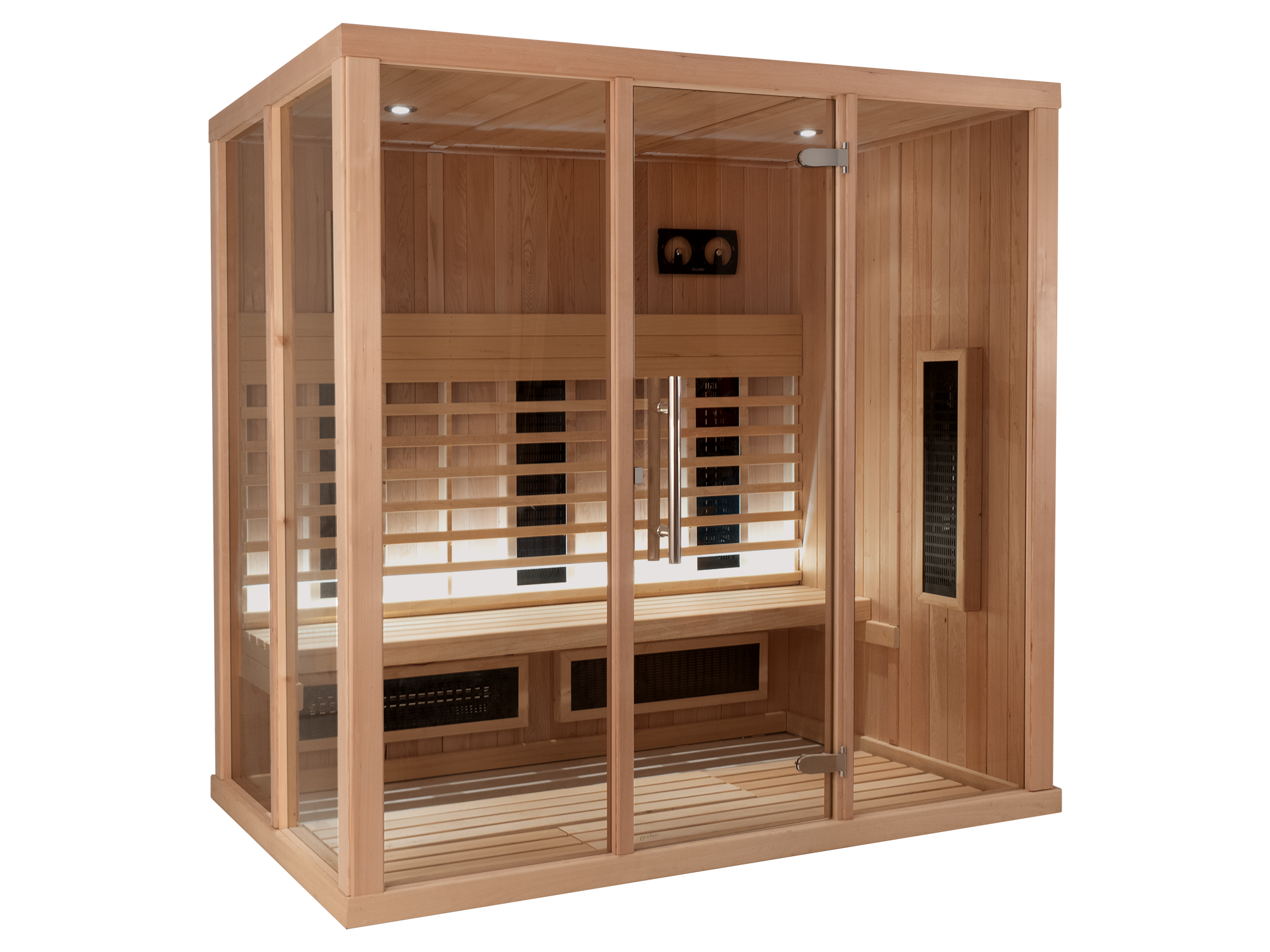 infrared sauna model 2030 - Layout C - Hemlock Cladding - Bronze Glass