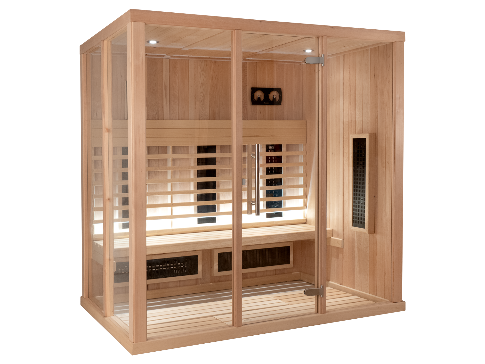 infrared sauna model 2030 - Layout C - Hemlock Cladding - Clear Glass